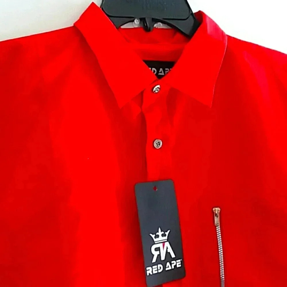 Men Red Ape Logo Long Sleeve Buttoned Embroidery Dress Shirt Top